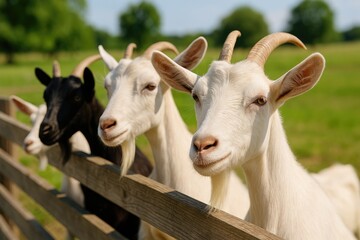 Farm goats behind a wooden barrier anticipating feed, highlighting goat milk advantages. Focused close-up shot.