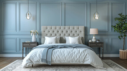 A tranquil bedroom with a pale blue accent wall above classic white wainscoting, featuring a light gray upholstered headboard, soft white bedding, and clean-lined nightstands.