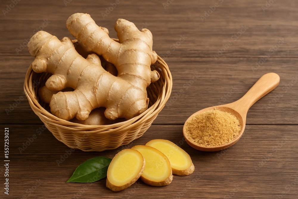 Poster ginger arranged in a container with ground spice in a scoop and fresh slices on a rustic wooden surf