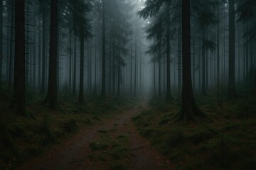 Obraz premium Mysterious shadowy woods shrouded in mist on a gloomy day