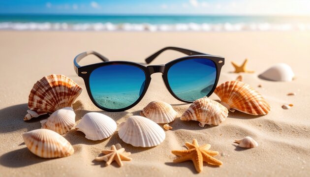 Stylish sunglasses resting on sandy beach surrounded by seashells and starfish, serene ocean view