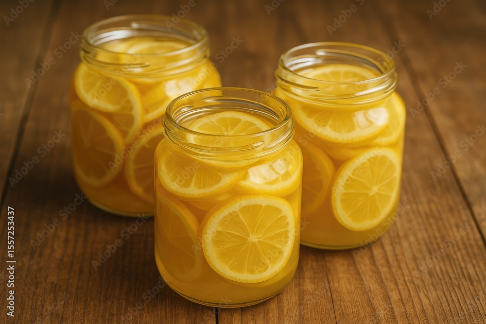 Poster fermented citrus slices stored in glass jars for culinary and roasting applications