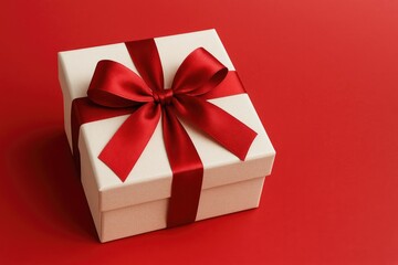 Obraz premium Close-up of a gift box with a bow against a red backdrop