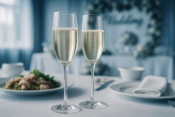 Elegant champagne glasses on a wedding table captured in soft focus black and white photography