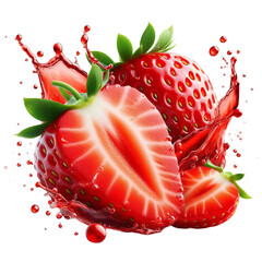  Whole and Halved Strawberries with Juice Splash, Floating Seeds, and Vibrant Red Flesh, Isolated on a Pure White Background in an Ultra-Sharp Macro Photography Style