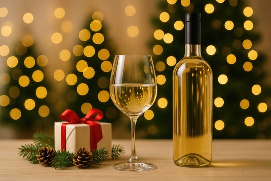 White wine glass and bottle decorated for holiday festivities with festive lights in the background