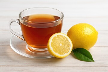 Tea served in a glass cup with a lemon slice on a transparent saucer