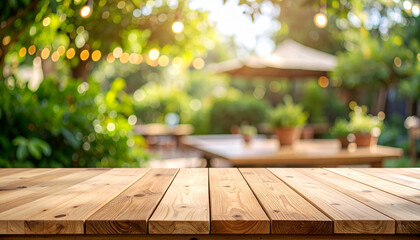 Wooden board table with blurred background for product display or mockup

