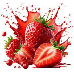 Whole and Halved Strawberries with Juice Splash, Floating Seeds, and Vibrant Red Flesh, Isolated on a Pure White Background in an Ultra-Sharp Macro Photography Style