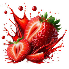  Whole and Halved Strawberries with Juice Splash, Floating Seeds, and Vibrant Red Flesh, Isolated on a Pure White Background in an Ultra-Sharp Macro Photography Style