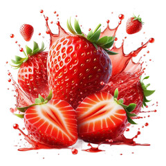  Whole and Halved Strawberries with Juice Splash, Floating Seeds, and Vibrant Red Flesh, Isolated on a Pure White Background in an Ultra-Sharp Macro Photography Style