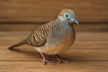 Detailed close-up of a striped bird on a wooden surface
