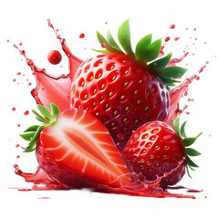  Whole and Halved Strawberries with Juice Splash, Floating Seeds, and Vibrant Red Flesh, Isolated on a Pure White Background in an Ultra-Sharp Macro Photography Style