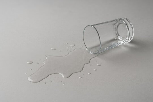 A transparent glass tipped over on a soft grey background with water spilling out. Area reserved for text.