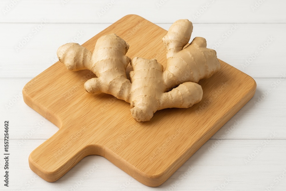 Poster sliced ginger root displayed on a chopping surface