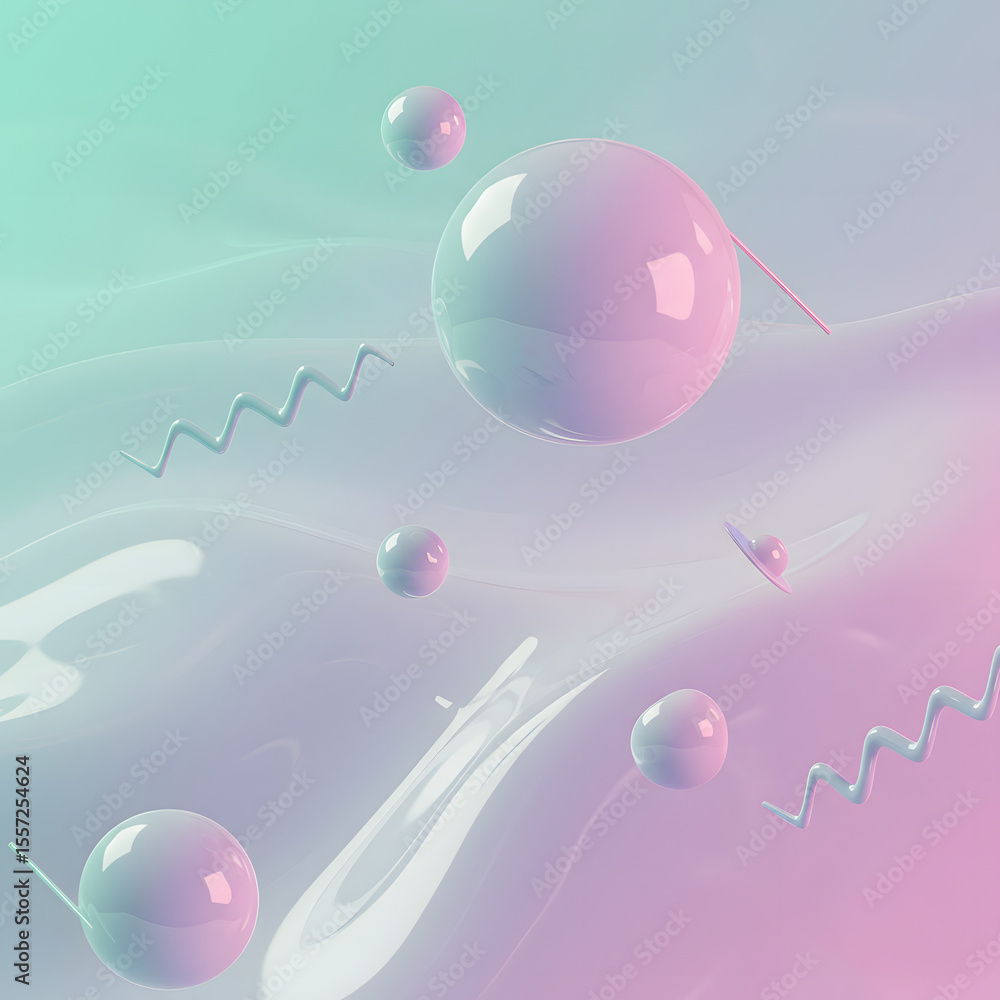 Poster abstract pastel background with glossy spheres and geometric shapes floating above a smooth, reflect