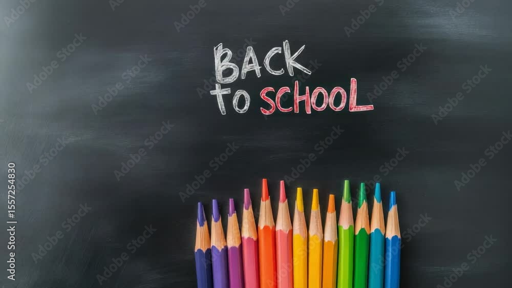 Aufkleber colorful pencils arranged neatly at the bottom of a blackboard with the phrase back to school writte
