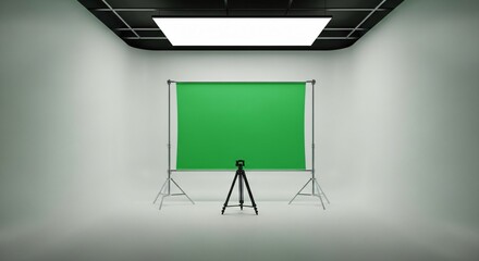 A studio setup featuring a green screen backdrop with a tripod in a well lit white room space area