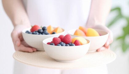 A person holding a wooden tray with three bowls of fresh fruits in a bright, airy kitchen