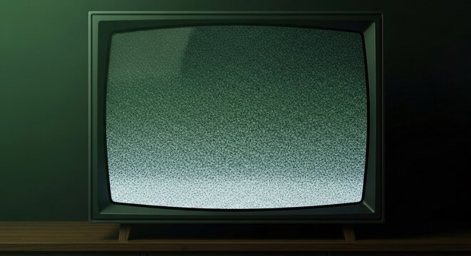 A vintage television displaying static noise on its screen, placed on a wooden surface against a dark background
