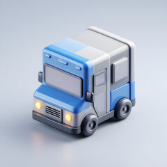 3D model of a stylized food truck, front-facing, with light blue and gray colors.