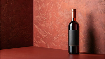 Elegant Red Wine Bottle with Blank Label on Stylish Red Background – Modern Beverage Branding Mockup, Alcohol Packaging Concept