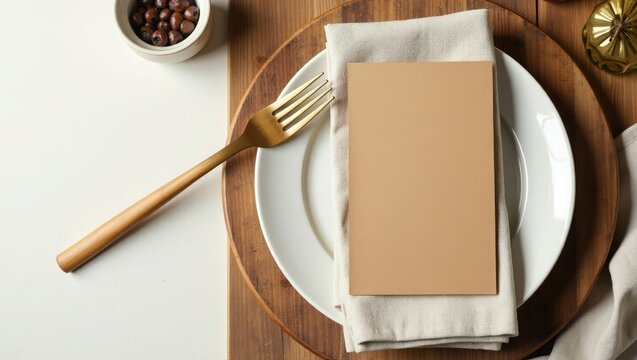 Elegant place setting with a white plate linen napkin golden fork and a blank tan card for text