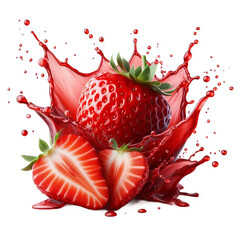  Whole and Sliced Strawberries with Red Juice Splash and Frozen Motion Effect, Isolated on a Pure White Background in a Dynamic Food Photography Style