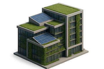 Modern green building with solar panels and lush rooftop garden Isolyate on transparent background
