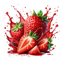  Whole and Sliced Strawberries with Red Juice Splash and Frozen Motion Effect, Isolated on a Pure White Background in a Dynamic Food Photography Style