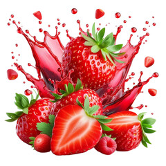  Whole and Sliced Strawberries with Red Juice Splash and Frozen Motion Effect, Isolated on a Pure White Background in a Dynamic Food Photography Style