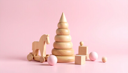Wooden Pyramid and Horse Toys on Pastel Pink Background – Cute Minimal Baby First Toys

