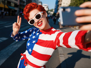 USA Independence Day - Patriotic Selfie in Red, White & Blue: Stylish Outfit Ideas for Your 4th of July Celebration with Fireworks Background