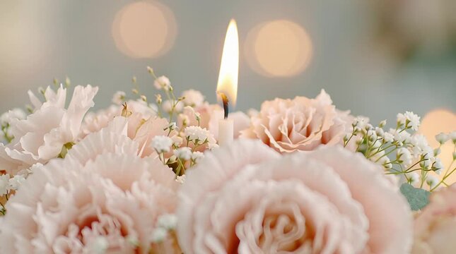 A beautifully decorated cake with fresh flowers and a lit candle. Perfect for celebrations, this dessert adds elegance and sweetness to any special occasion.

