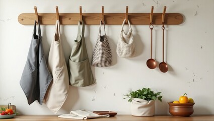 Natural wooden coat rack with hanging aprons bags and kitchen utensils displayed on a white wall