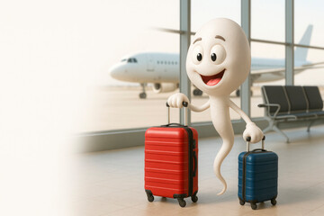 A cheerful spermotazoid at the airport with suitcases. Space for text.