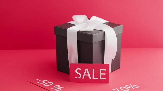 A black gift box with a white ribbon sits on a red background. A red tag with the word 'SALE' is attached to the box, indicating a promotional offer.