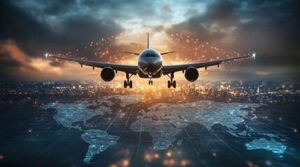 Airplane landing over a world map