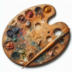  Wooden Painter’s Palette with Dried Oil Paint Spots, Aged Brush, and Worn Thumb Hole, Isolated on a Pure White Background as a Vintage Artist Object of Classic Craftsmanship