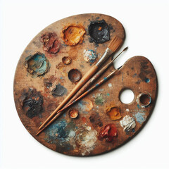  Wooden Painter’s Palette with Dried Oil Paint Spots, Aged Brush, and Worn Thumb Hole, Isolated on a Pure White Background as a Vintage Artist Object of Classic Craftsmanship
