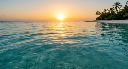 A serene beach scene at sunset, with calm blue waters and palm trees outlining the shore 