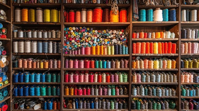 An old-fashioned haberdashery shop interior filled with rows of colorful buttons, ribbons, and sewing notions neatly displayed