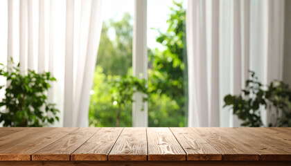 Wooden Table Top with Blurred Background and Half Curtailed Window Light

