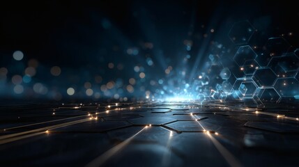 Blue technology scene with radiant circuit trails connecting nodes and semi-transparent hexagonal structures on a dark backdrop 