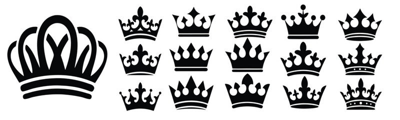 King Crown Silhouette Vector Set, A collection of 16 black crown silhouettes in classic, vintage, minimal, and ornamental styles, perfect for logo, print, apparel, and branding design