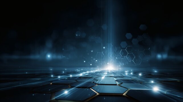 Blue technology scene with radiant circuit trails connecting nodes and semi-transparent hexagonal structures on a dark backdrop 