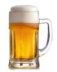 Cold Beer in Glass Mug with Thick Foam and Bubbles on White Background
