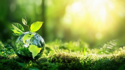 Green earth globe with plant sprout symbolizes environmental conservation and a sustainable future resting on lush moss.
