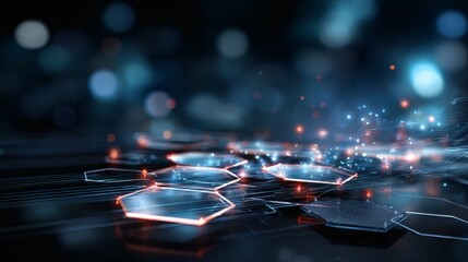 High-resolution blue digital background with circuit light paths and smooth-floating hexagons arranged symmetrically 