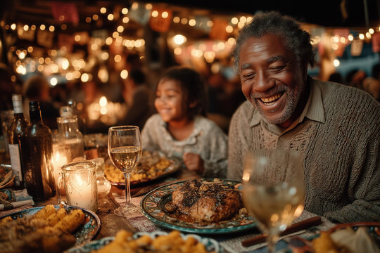 Smiling Latino man enjoying dinner with family at festive table, Concept of Christmas   - Powered by Adobe
